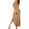 image:imageGRECERELLE Womens Summer Maxi Dress Casual Loose V Neck Short Sleeve Side Split Long Dresses with Functional PocketsKhaki