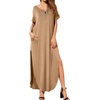 image:imageGRECERELLE Womens Summer Maxi Dress Casual Loose V Neck Short Sleeve Side Split Long Dresses with Functional PocketsKhaki