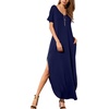 image:imageGRECERELLE Womens Summer Maxi Dress Casual Loose V Neck Short Sleeve Side Split Long Dresses with Functional PocketsNavy Blue