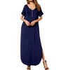 image:imageGRECERELLE Womens Summer Maxi Dress Casual Loose V Neck Short Sleeve Side Split Long Dresses with Functional PocketsNavy Blue