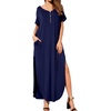 image:imageGRECERELLE Womens Summer Maxi Dress Casual Loose V Neck Short Sleeve Side Split Long Dresses with Functional PocketsNavy Blue