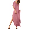 image:imageGRECERELLE Womens Summer Maxi Dress Casual Loose V Neck Short Sleeve Side Split Long Dresses with Functional PocketsPink