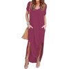 image:imageGRECERELLE Womens Summer Maxi Dress Casual Loose V Neck Short Sleeve Side Split Long Dresses with Functional PocketsRed Gray