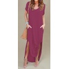 image:imageGRECERELLE Womens Summer Maxi Dress Casual Loose V Neck Short Sleeve Side Split Long Dresses with Functional PocketsRed Gray