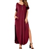 image:imageGRECERELLE Womens Summer Maxi Dress Casual Loose V Neck Short Sleeve Side Split Long Dresses with Functional PocketsWine Red