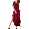 image:imageGRECERELLE Womens Summer Maxi Dress Casual Loose V Neck Short Sleeve Side Split Long Dresses with Functional PocketsWine Red