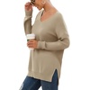 image:imageGRECERELLE Womens VNeck Long Sleeve Side Split Loose Casual Knit Pullover Sweater Blouse01 Khaki