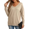 image:imageGRECERELLE Womens VNeck Long Sleeve Side Split Loose Casual Knit Pullover Sweater Blouse01 Khaki
