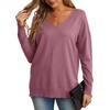 image:imageGRECERELLE Womens VNeck Long Sleeve Side Split Loose Casual Knit Pullover Sweater Blouse03 Red Gray