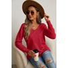 image:imageGRECERELLE Womens VNeck Long Sleeve Side Split Loose Casual Knit Pullover Sweater BlouseRed