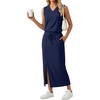 image:imageGRECERELLE 2026 Casual 2 Piece Sets For Women Summer V Neck WrinkleFree Sleeveless Top Side Slit Maxi Skirt With PocketsNavy Blue