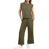 image:imageGRECERELLE 2026 Two Piece Sets for Women Summer Round Neck Cap Sleeve Top and Wide Leg Pants with PocketsArmy Green