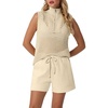 image:imageGRECERELLE 2026 Women 2 Piece Sets Crochet Hollow Knit HalfZip Sweater Tank Top amp Shorts Lounge Travel Matching OutfitsBeige