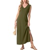 image:imageGRECERELLE 2026 Women Summer InsideOut VNeck Casual Loose Split WrinkleFree Long Maxi Beach Dress with PocketsArmy Green
