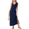 image:imageGRECERELLE 2026 Women Summer InsideOut VNeck Casual Loose Split WrinkleFree Long Maxi Beach Dress with PocketsNavy Blue