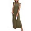 image:imageGRECERELLE 2026 Women YearRound Casual Round Neck Loose Split WrinkleFree Long Maxi Vacation Dress with Pockets XXS4XLArmy Green