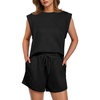 image:imageGRECERELLE 2026 Womens Summer 2 Piece Outfits Round Neck Cap Sleeve Top with Pocket Short SetsBlack