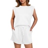 image:imageGRECERELLE 2026 Womens Summer 2 Piece Outfits Round Neck Cap Sleeve Top with Pocket Short SetsWhite