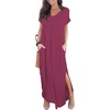 image:imageGRECERELLE Womens Summer Maxi Dress Casual Loose V Neck Short Sleeve Side Split Long Dresses with Functional PocketsRed Gray