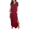 image:imageGRECERELLE Womens Summer Maxi Dress Casual Loose V Neck Short Sleeve Side Split Long Dresses with Functional PocketsWine Red
