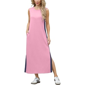image:imageGRECERELLE 2025 Women Summer Color Blocking Round Neck Sleeveless Casual WrinkleFree Side Split Maxi Dress with PocketsPink Blue