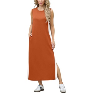 image:imageGRECERELLE 2025 Women Summer Color Blocking Round Neck Sleeveless Casual WrinkleFree Side Split Maxi Dress with PocketsTan White