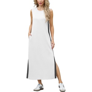 image:imageGRECERELLE 2025 Women Summer Color Blocking Round Neck Sleeveless Casual WrinkleFree Side Split Maxi Dress with PocketsWhite Black
