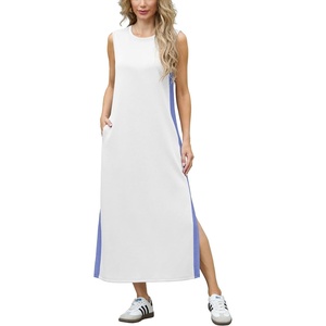 image:imageGRECERELLE 2025 Women Summer Color Blocking Round Neck Sleeveless Casual WrinkleFree Side Split Maxi Dress with PocketsWhite Sky Blue