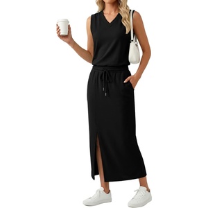 image:imageGRECERELLE 2026 Casual 2 Piece Sets For Women Summer V Neck WrinkleFree Sleeveless Top Side Slit Maxi Skirt With PocketsBlack