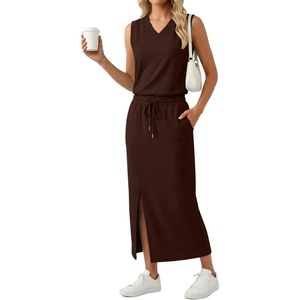 image:imageGRECERELLE 2026 Casual 2 Piece Sets For Women Summer V Neck WrinkleFree Sleeveless Top Side Slit Maxi Skirt With PocketsDark Coffee