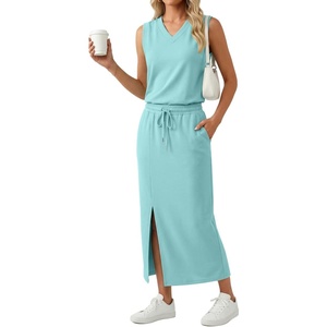 image:imageGRECERELLE 2026 Casual 2 Piece Sets For Women Summer V Neck WrinkleFree Sleeveless Top Side Slit Maxi Skirt With PocketsLight Blue