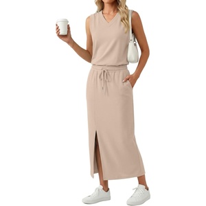 image:imageGRECERELLE 2026 Casual 2 Piece Sets For Women Summer V Neck WrinkleFree Sleeveless Top Side Slit Maxi Skirt With PocketsOatmeal