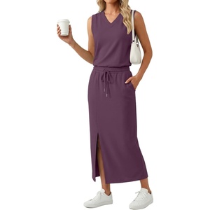 image:imageGRECERELLE 2026 Casual 2 Piece Sets For Women Summer V Neck WrinkleFree Sleeveless Top Side Slit Maxi Skirt With PocketsRosewood