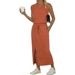 image:imageGRECERELLE 2026 Casual 2 Piece Sets For Women Summer V Neck WrinkleFree Sleeveless Top Side Slit Maxi Skirt With PocketsTan
