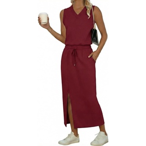image:imageGRECERELLE 2026 Casual 2 Piece Sets For Women Summer V Neck WrinkleFree Sleeveless Top Side Slit Maxi Skirt With PocketsWine Red