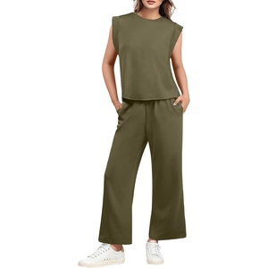 image:imageGRECERELLE 2026 Two Piece Sets for Women Summer Round Neck Cap Sleeve Top and Wide Leg Pants with PocketsArmy Green