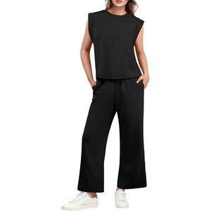 image:imageGRECERELLE 2026 Two Piece Sets for Women Summer Round Neck Cap Sleeve Top and Wide Leg Pants with PocketsBlack