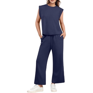 image:imageGRECERELLE 2026 Two Piece Sets for Women Summer Round Neck Cap Sleeve Top and Wide Leg Pants with PocketsNavy Blue