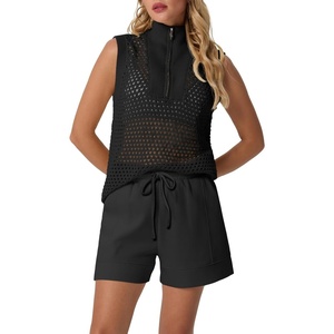 image:imageGRECERELLE 2026 Women 2 Piece Sets Crochet Hollow Knit HalfZip Sweater Tank Top amp Shorts Lounge Travel Matching OutfitsBlack