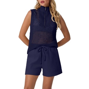 image:imageGRECERELLE 2026 Women 2 Piece Sets Crochet Hollow Knit HalfZip Sweater Tank Top amp Shorts Lounge Travel Matching OutfitsNavy Blue