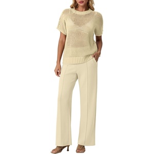 image:imageGRECERELLE 2026 Women 2 Piece Sets Crochet Sheer Knit Sweater Top amp Wide Leg Pants Lounge Travel Matching Outfits ClothesApricot
