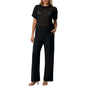 image:imageGRECERELLE 2026 Women 2 Piece Sets Crochet Sheer Knit Sweater Top amp Wide Leg Pants Lounge Travel Matching Outfits ClothesBlack