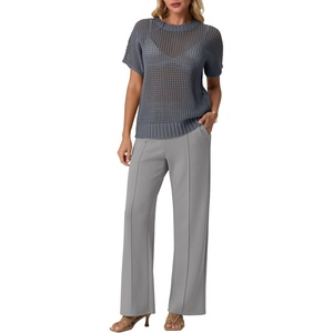 image:imageGRECERELLE 2026 Women 2 Piece Sets Crochet Sheer Knit Sweater Top amp Wide Leg Pants Lounge Travel Matching Outfits ClothesGray