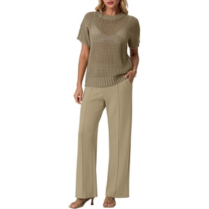 image:imageGRECERELLE 2026 Women 2 Piece Sets Crochet Sheer Knit Sweater Top amp Wide Leg Pants Lounge Travel Matching Outfits ClothesKhaki
