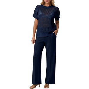 image:imageGRECERELLE 2026 Women 2 Piece Sets Crochet Sheer Knit Sweater Top amp Wide Leg Pants Lounge Travel Matching Outfits ClothesNavy Blue
