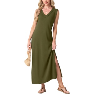 image:imageGRECERELLE 2026 Women Summer InsideOut VNeck Casual Loose Split WrinkleFree Long Maxi Beach Dress with PocketsArmy Green