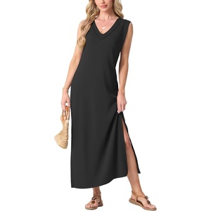 image:imageGRECERELLE 2026 Women Summer InsideOut VNeck Casual Loose Split WrinkleFree Long Maxi Beach Dress with PocketsBlack