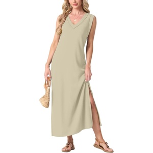 image:imageGRECERELLE 2026 Women Summer InsideOut VNeck Casual Loose Split WrinkleFree Long Maxi Beach Dress with PocketsKhaki