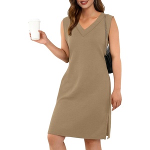 image:imageGRECERELLE 2026 Women Summer InsideOut VNeck Casual Loose Split WrinkleFree Midi Dress with PocketsBrown
