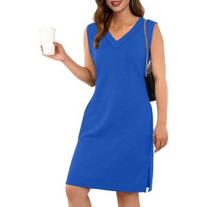 image:imageGRECERELLE 2026 Women Summer InsideOut VNeck Casual Loose Split WrinkleFree Midi Dress with PocketsRoyal Blue